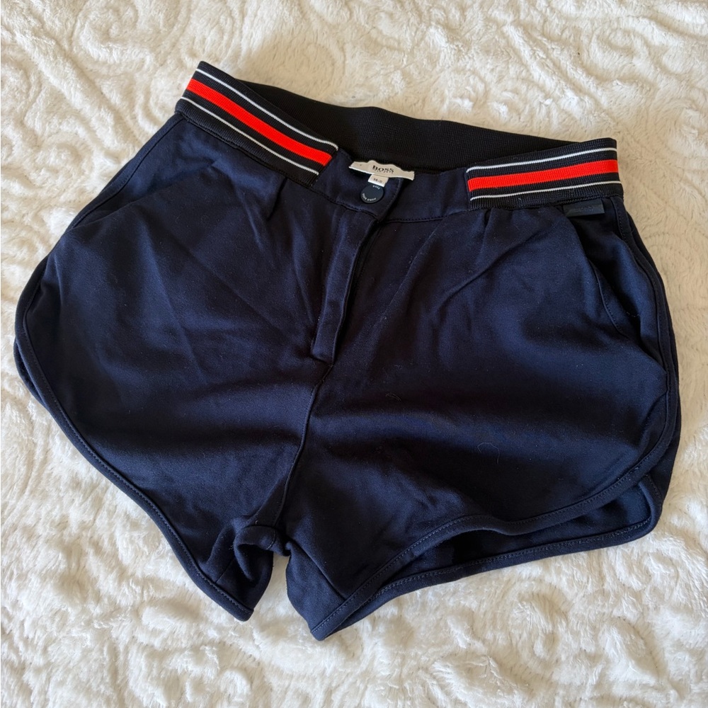 Boss Dark Blue Athletic Shorts with Red and White Striped Waistband